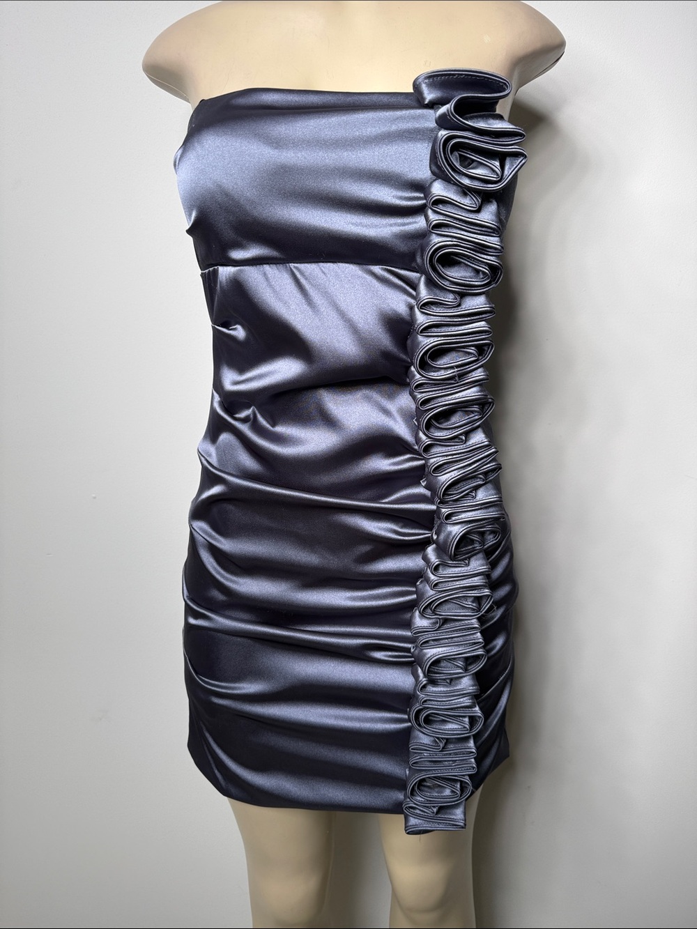 B Darlin Strapless Satin Mini Dress in Steel Blue with Side Ruffle